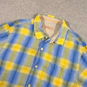 Tommy Bahama Button Down Shirt Mens Large Blue Yellow Plaid 100% Linen